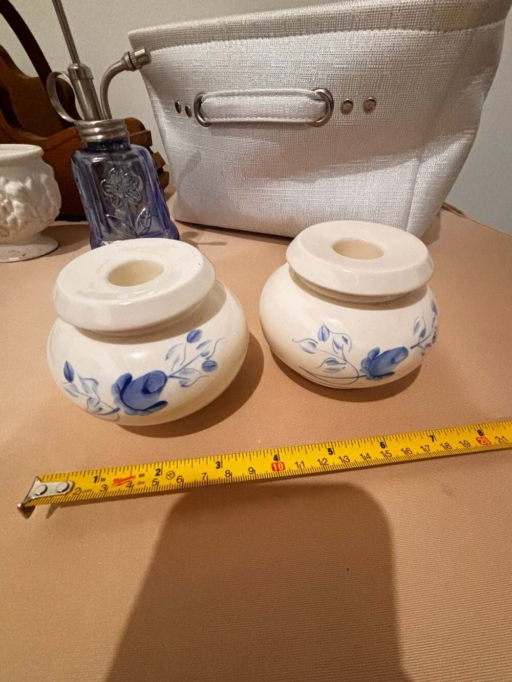 Lasting Products Hand Painted Blue Rose Taper Candle Holders